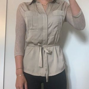 BCBG tan button down shirt with tie waist and collar